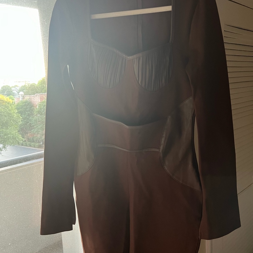 Maniere De Voir Pleated Vegan Leather & Bandage Playsuit - Brown - Picture 5 of 5